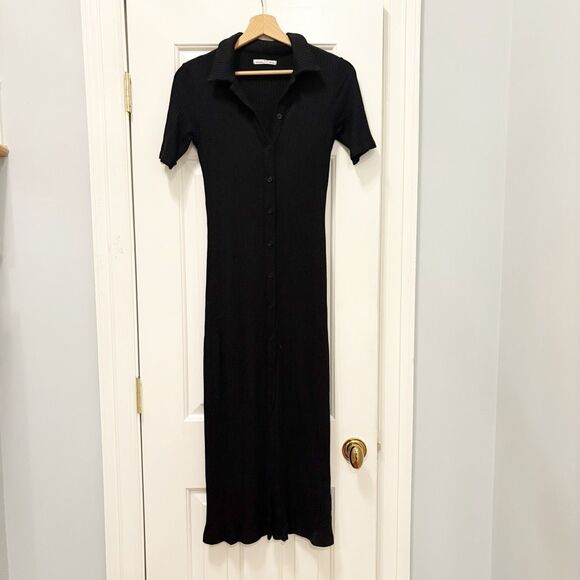 Reformation Black Betty Dress Size Small Ribbed Button Front Stretch - Picture 3 of 11